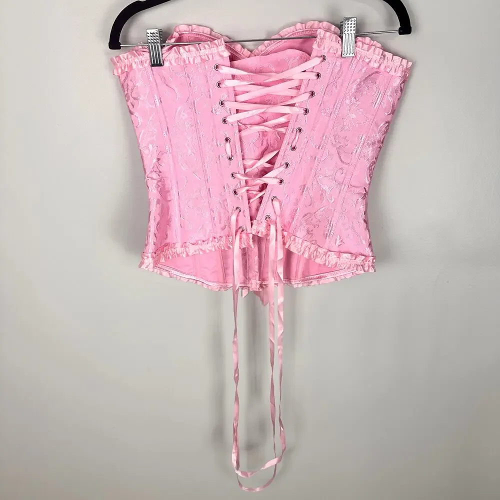 Pink Floral Jacquard Bustier Lace Up Corset Top Ruffle Hem Castle Fairy Small - Picture 6 of 14
